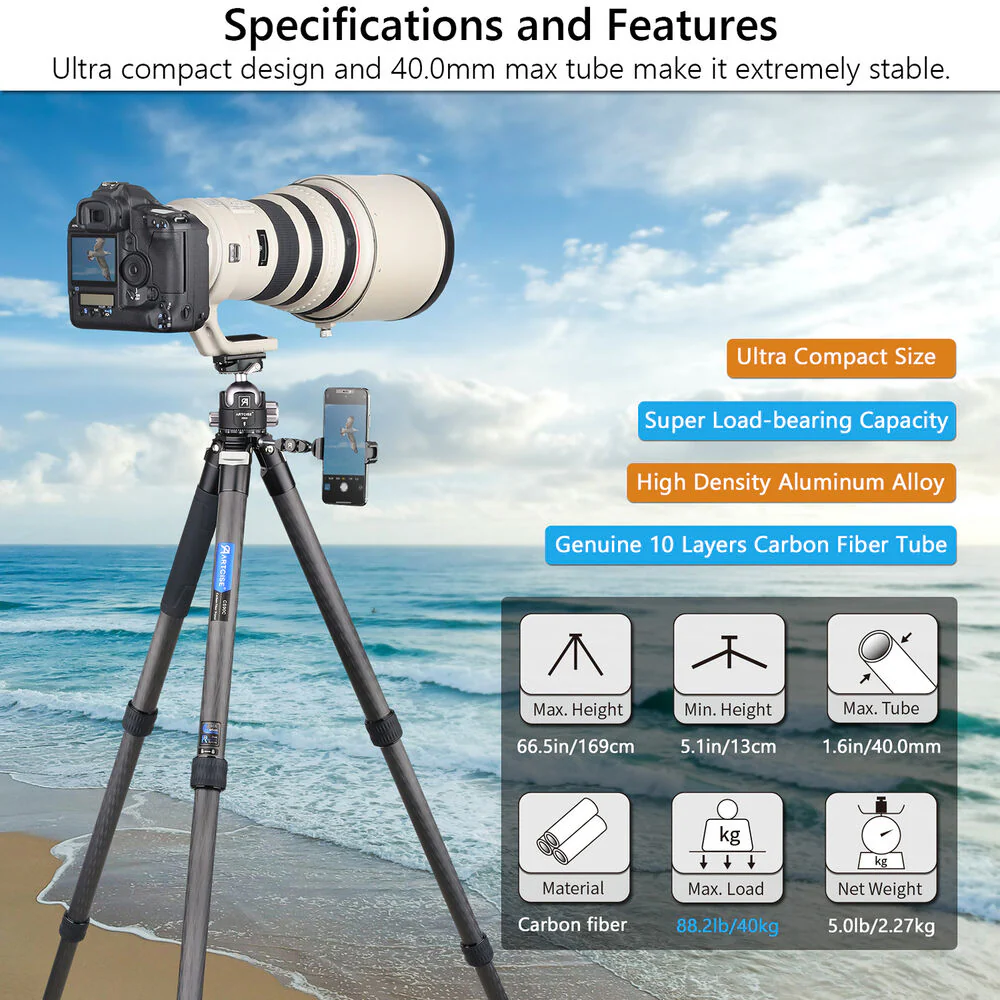 ARTCISE CS90C Carbon Fiber Tripod with Smartphone Holder (Black) - Image 7