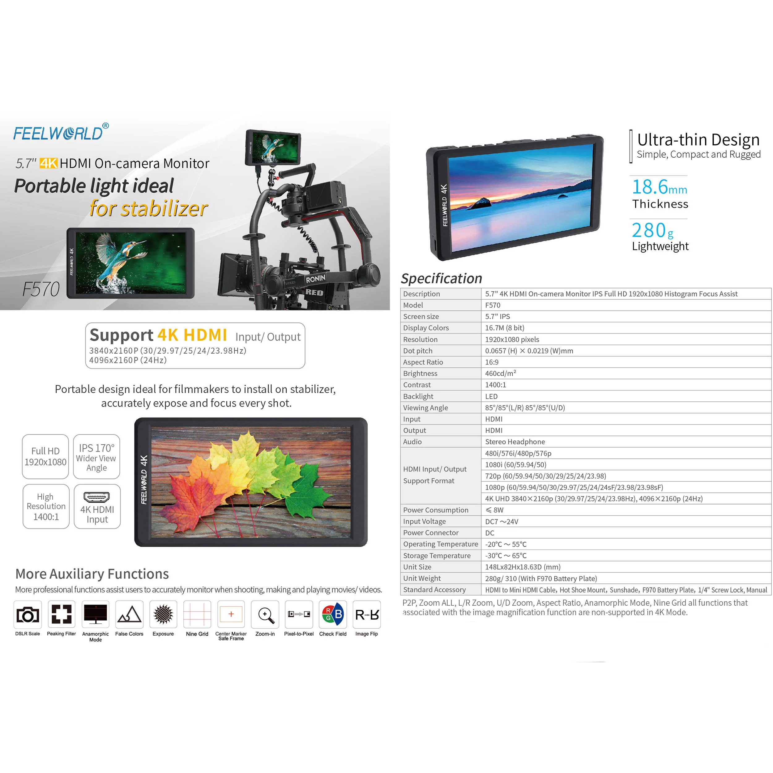 FeelWorld F570 5.7" IPS 4K HDMI On-Camera Monitor - Image 8