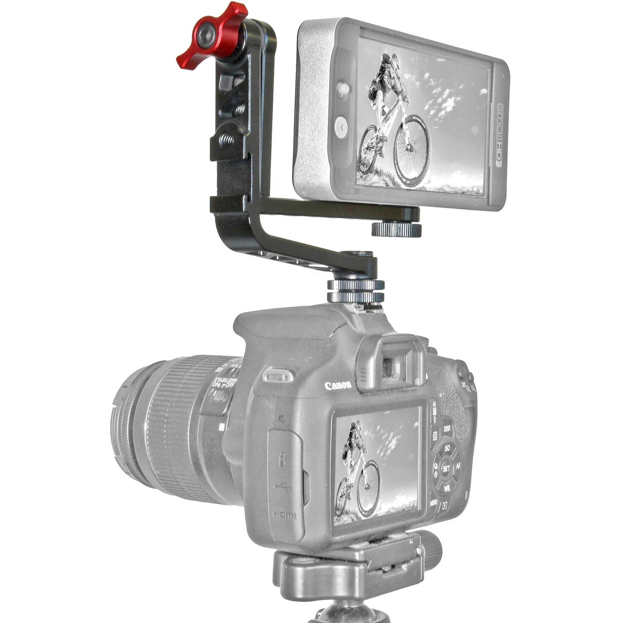 GyroVu Dual 180&deg;-Tilt&nbsp;L-Shape Monitor Bracket with Shoe Adapter & Seven 1/4"-20 Mounts - Image 4