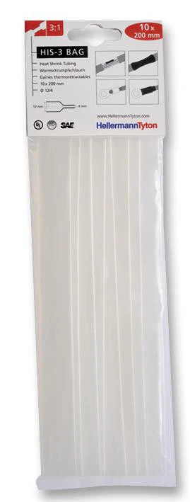 HELLERMANNTYTON HIS-3 12/4 CLR Heat Shrink Tubing, HIS-3, Pk of 10 200mm Pieces, 12 mm, 0.472 ", 3:1, Transparent, 7.87 ", 200 mm
