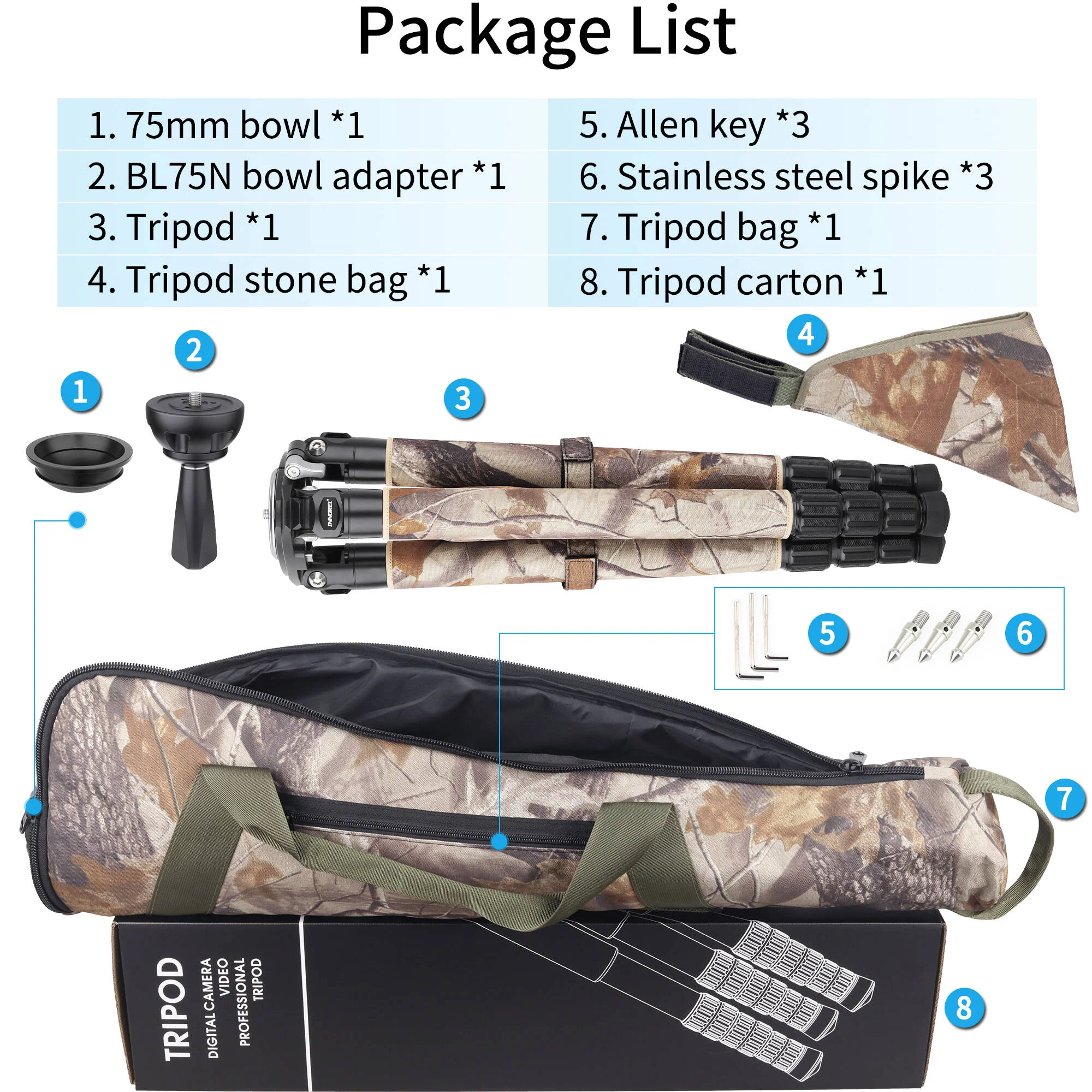 INNOREL LT364CM Carbon Fiber Tripod with 75mm Bowl (Woodland Camouflage) - Image 6