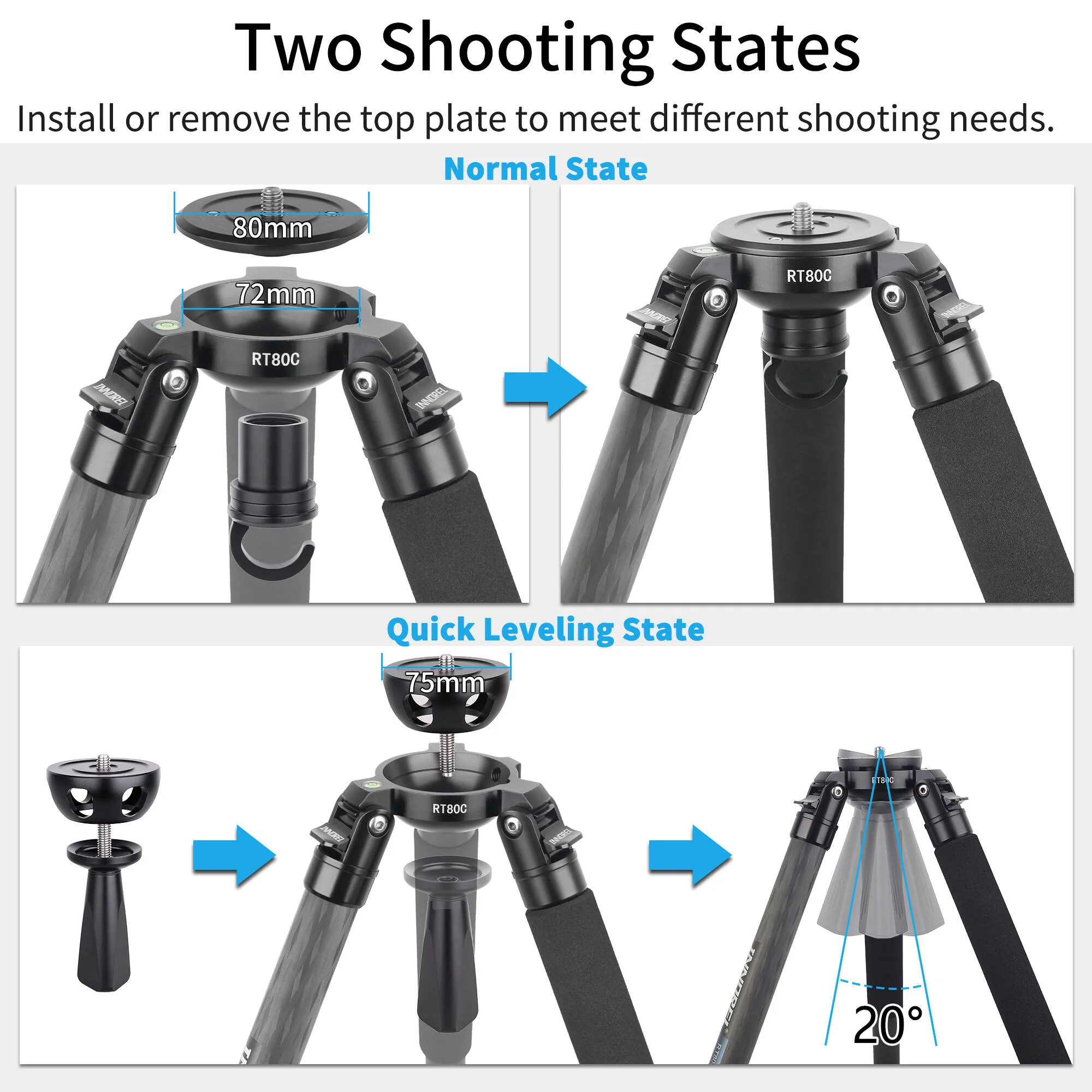 INNOREL RT80C Carbon Fiber Tripod with 75mm Bowl Adapter - Image 5