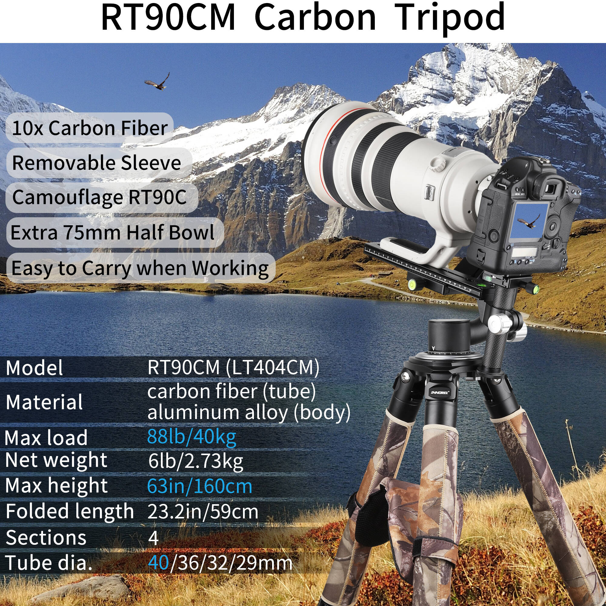 INNOREL RT90CM Carbon Fiber Tripod with 75mm Bowl (Woodland Camouflage) - Image 6