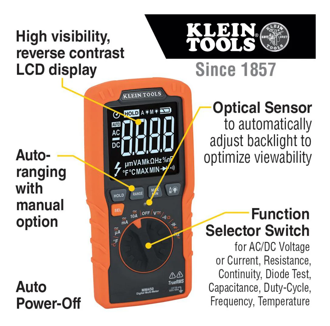 Klein Tools MM450 Digital Multimeter HH Trms 10A 600V New - Image 4