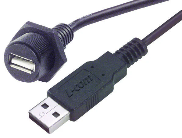 L-COM WPUSBAX-05M USB Cable Assembly, USB Type A Receptacle, USB Type A Plug, USB 2.0, 1.64 ft, 500 mm