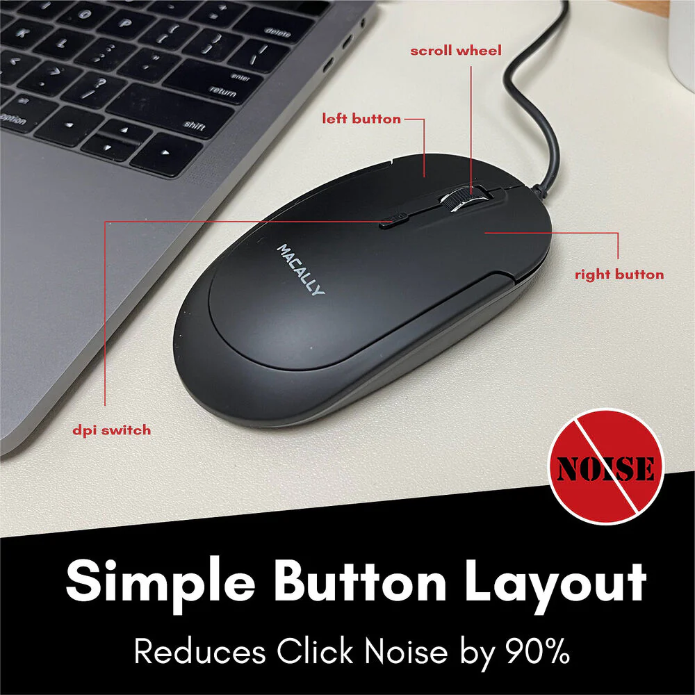 Macally USB Type-C Wired Optical Mouse with Quiet Click for Mac and Windows (Black) - Image 2
