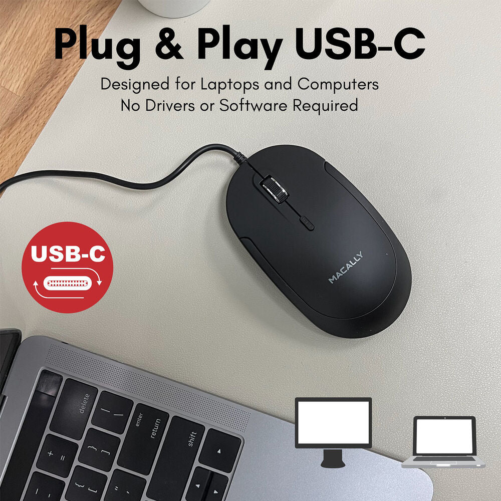 Macally USB Type-C Wired Optical Mouse with Quiet Click for Mac and Windows (Black) - Image 5