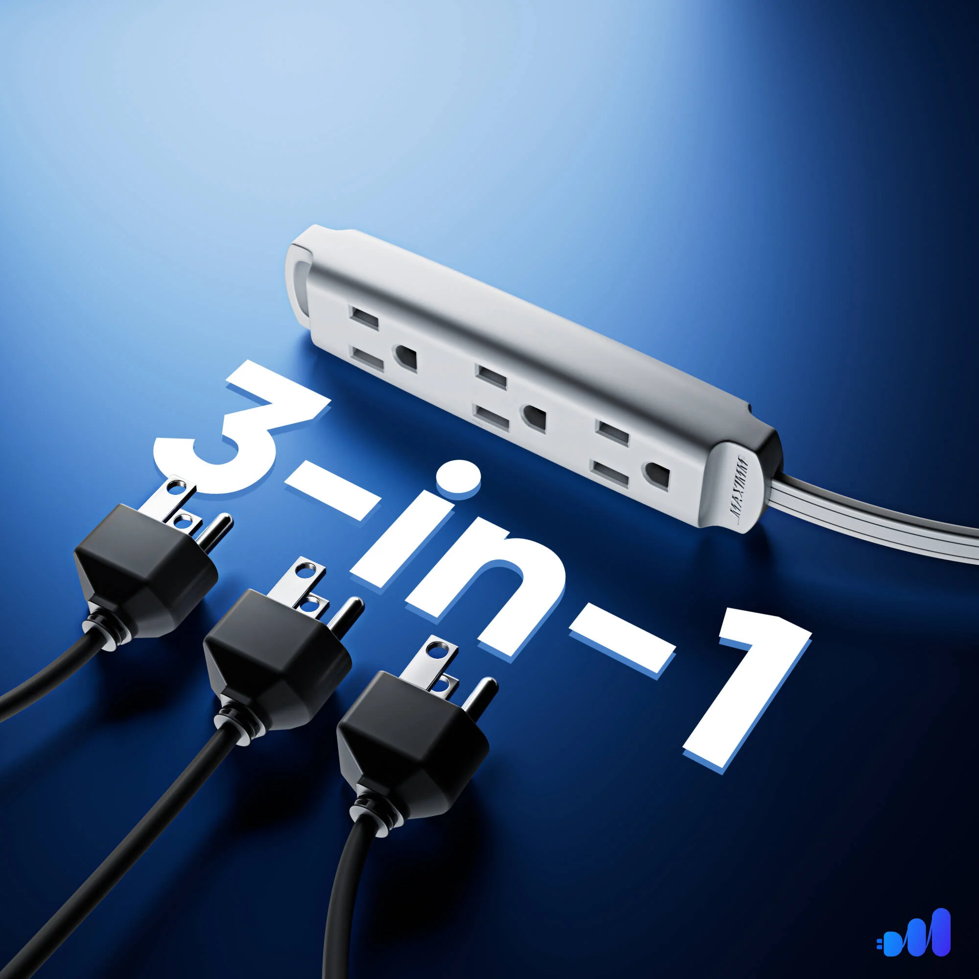 Maximm Cable 3-Outlet Power Extension Cord with 360&deg; Rotating Flat Plug (White, 1') - Image 3