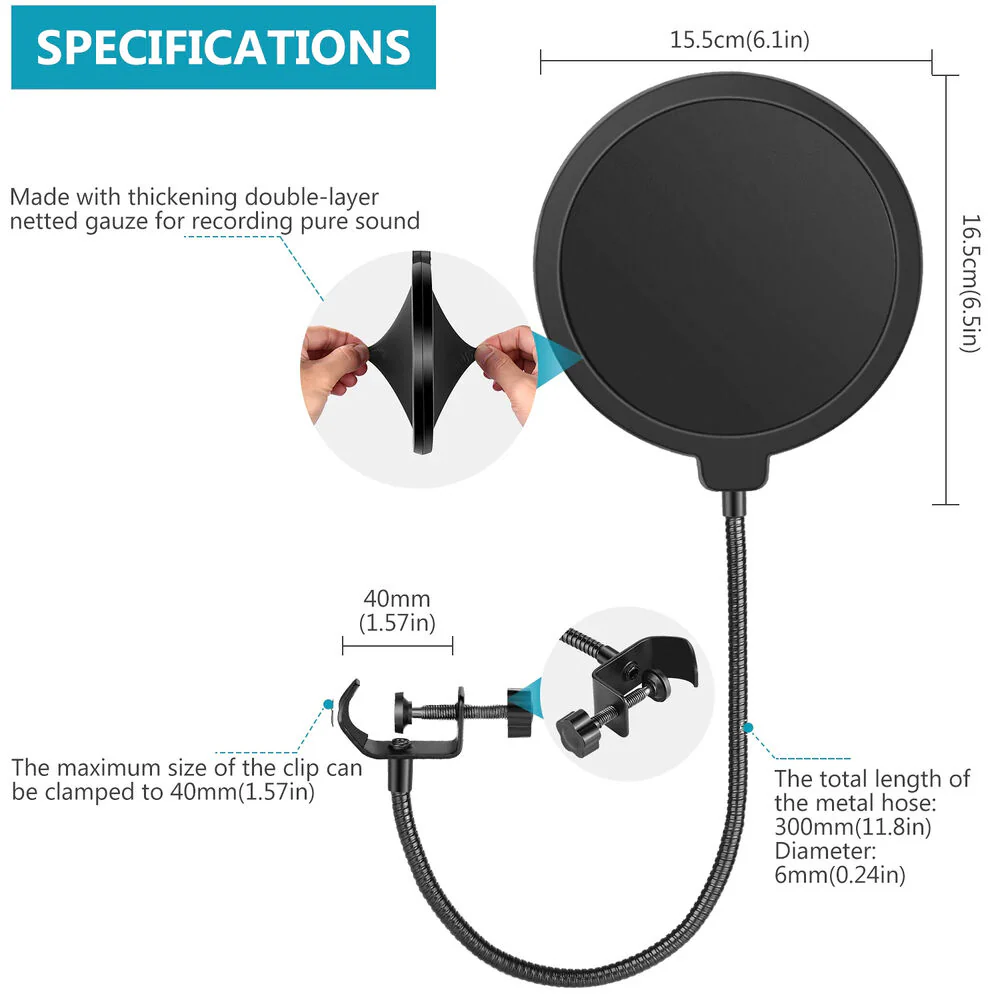 Neewer NWN3 Dual-Layer 6" Pop Filter/Shield with Gooseneck and C-Clamp (Black) - Image 4