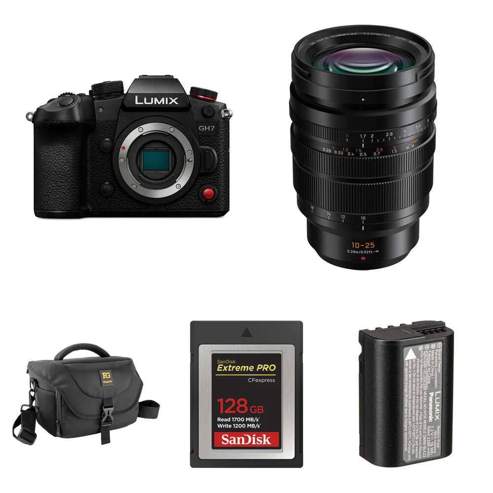 Panasonic Lumix GH7 Mirrorless Camera with 10-25mm f/1.7 Lens and Essentials+ Kit (Black)