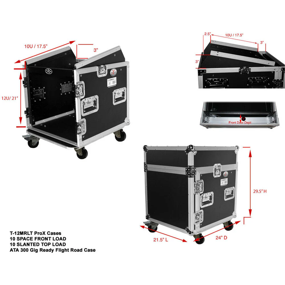 ProX 12U Vertical Rack Front load with 10U Top Mixer DJ Combo Flight Case with Laptop Shelf and Casters - Image 6