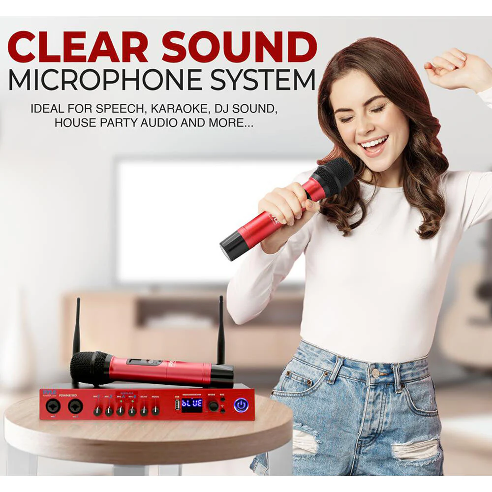 Pyle Pro UHF 2-Channel Wireless Handheld Microphone System with Bluetooth (510 to 590 MHz, Red) - Image 5
