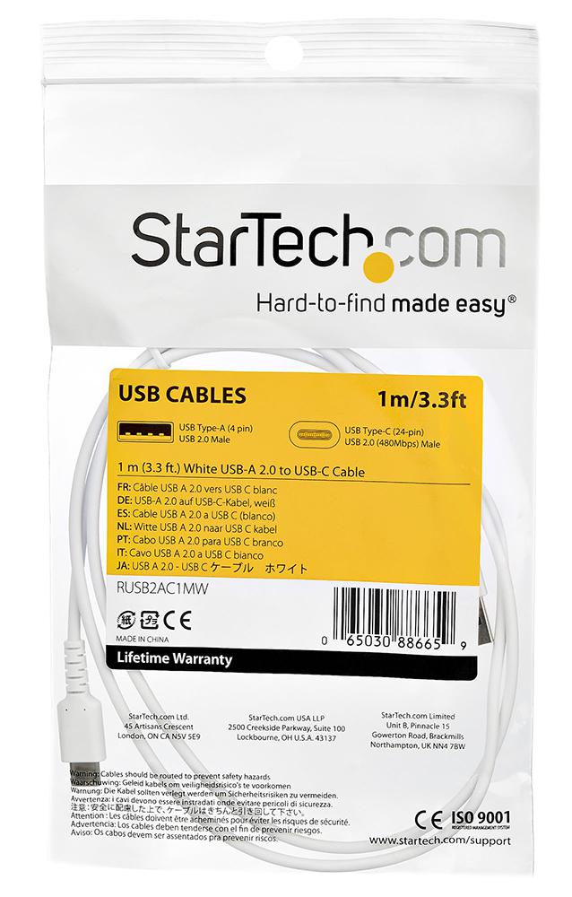 Startech RUSB2AC1MW RUSB2AC1MW USB Cable Type A Plug to C 1 m 3.3 ft 2.0 White - Image 2