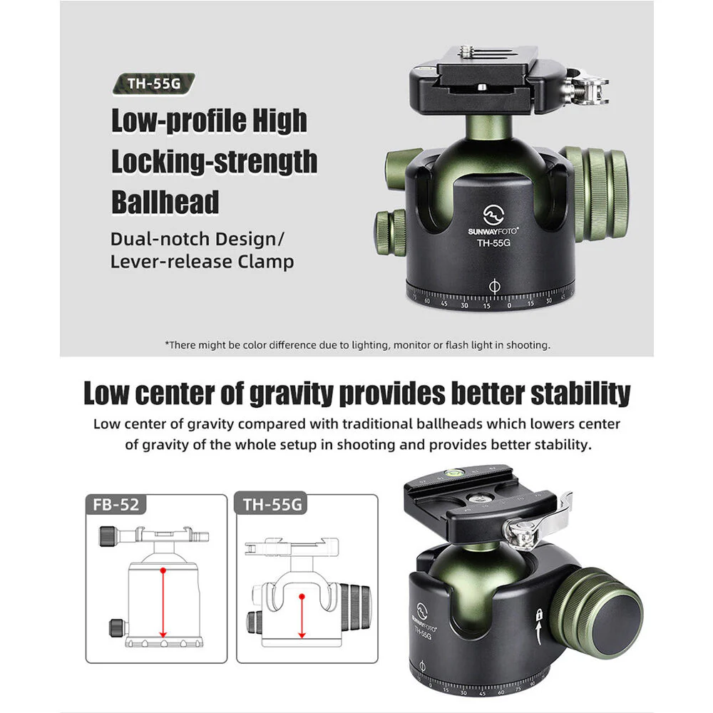Sunwayfoto TH-55G Low-Profile Ball Head with Lever Clamp and Quick Release Plate (Green) - Image 6