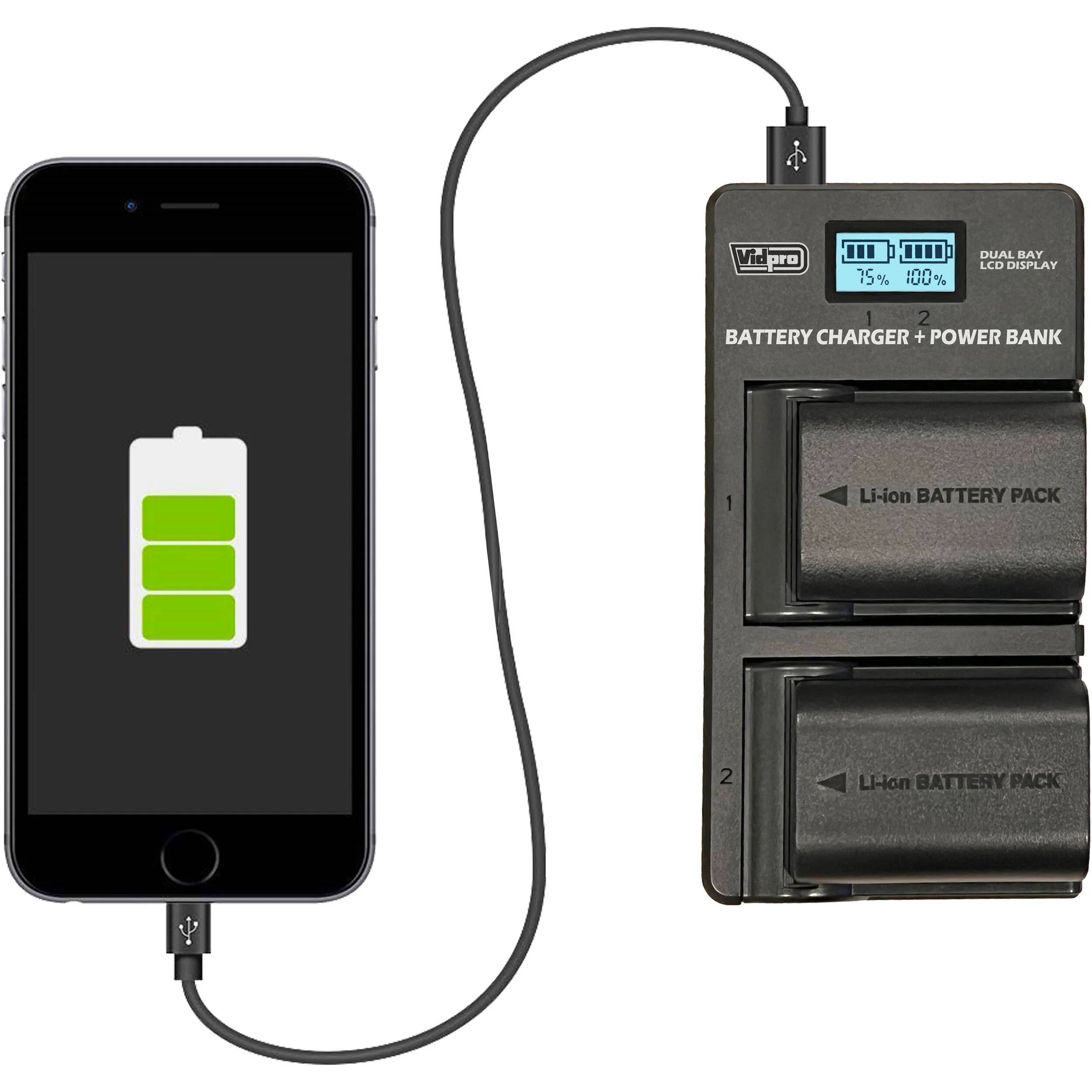 Vidpro VDL-21 Dual Bay LCD Charger with Power Bank for Canon NB-2L, 2LH, 2L5, 2L12, 2L13, 2L14, and 2L24H - Image 5