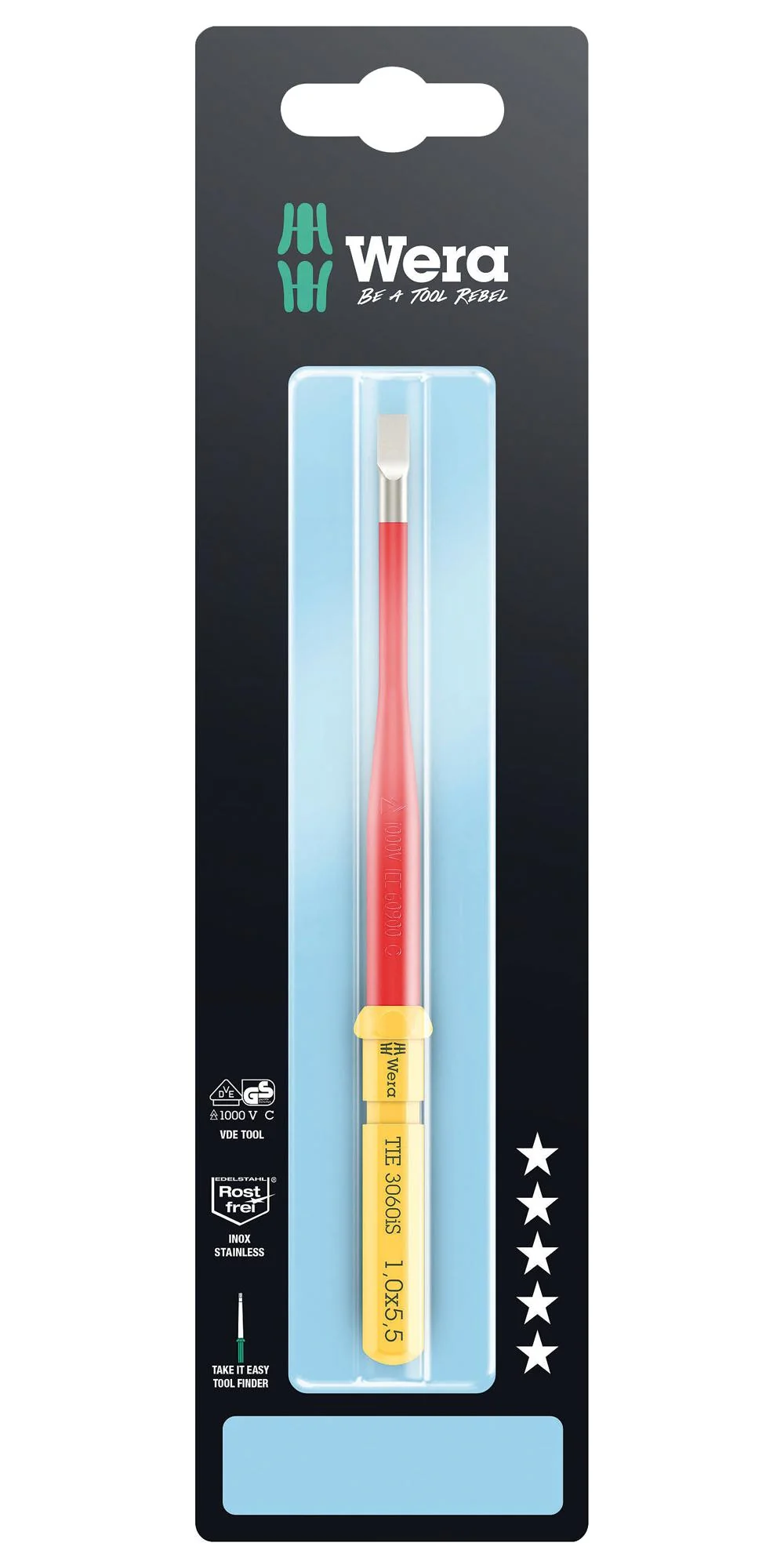 WERA K K VDE 3060 IS 1,0X5,5X157MM TIE SB Interchange Screwdriver, VDE, Slotted, 1 mm x 5.5 mm x 157 mm
